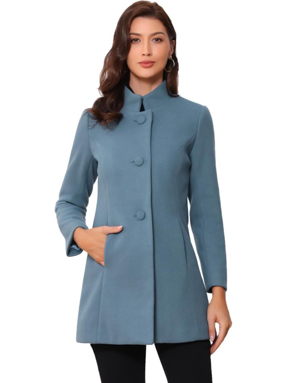 Women's Grey Blue Mid-long Stand Collar Single Breasted Loose Winter Trench Coat
